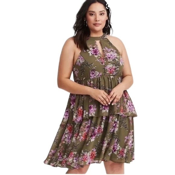 torrid Dresses & Skirts - Torrid Floral Tiered Dress Women’s Size 2X Olive Green Halter Top Buttons Lined
